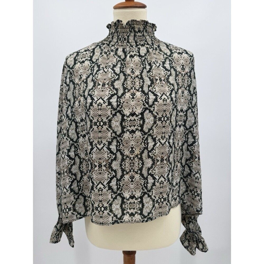 Shinestar Womens XL Snakeskin Print Blouse Mob Wife Mock Neck Smocked Cuffs Chic
